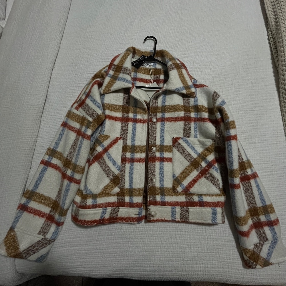 Eesome Plaid Teddy Jacket in Cream, Brown, and Red